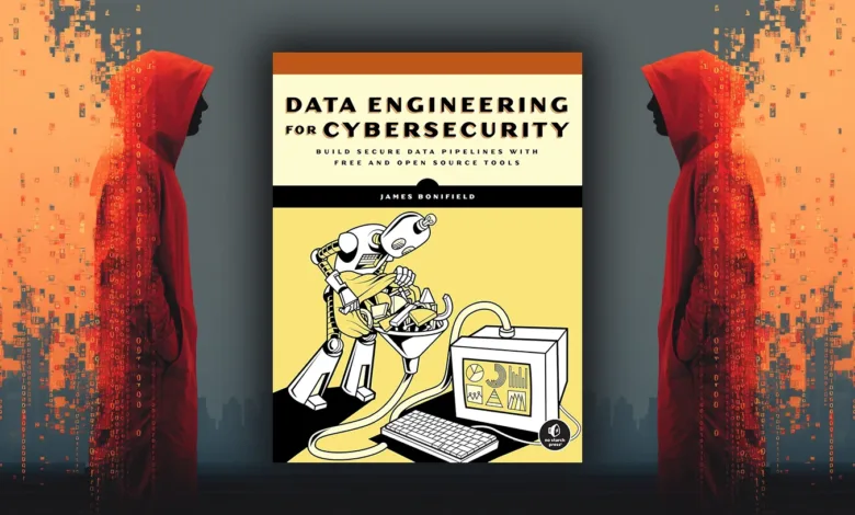 Book cover: Data Engineering for Cybersecurity by James Bonfield. Illustrates a robot processing data into a computer.