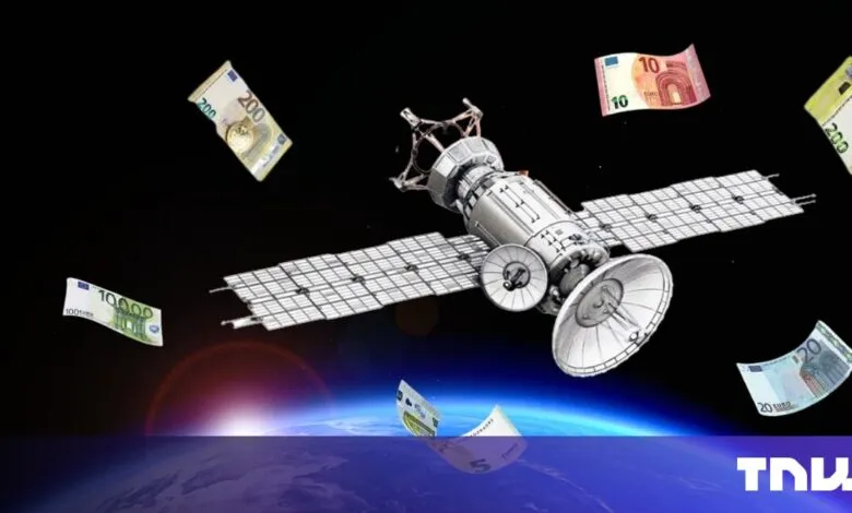 Satellite in space with Euro banknotes floating around it, illustrating the concept of space-based finance or the cost of space exploration.