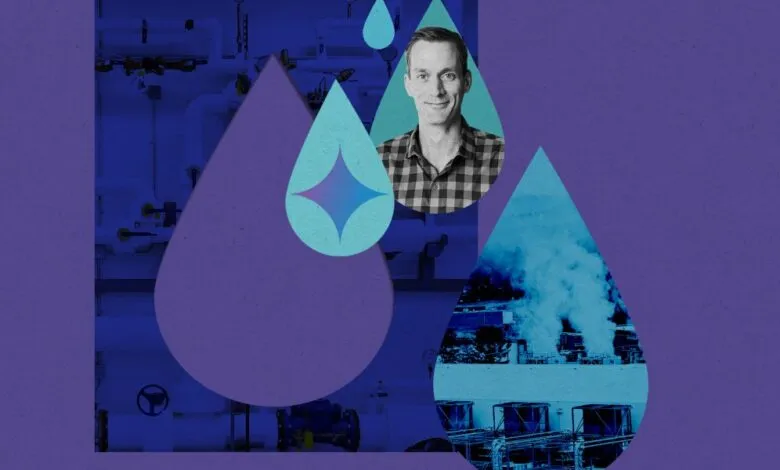 Man's portrait within a water droplet, symbolizing clean energy solutions.