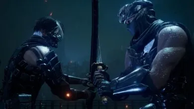 Two ninjas face off, swords clashing in a rain-soaked nighttime setting.