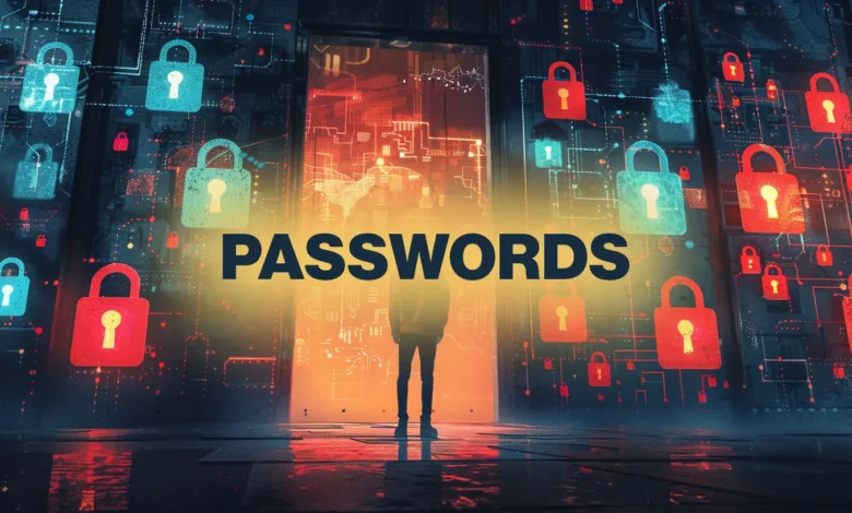 Person standing before a large digital door displaying numerous padlock icons, symbolizing online security and passwords.