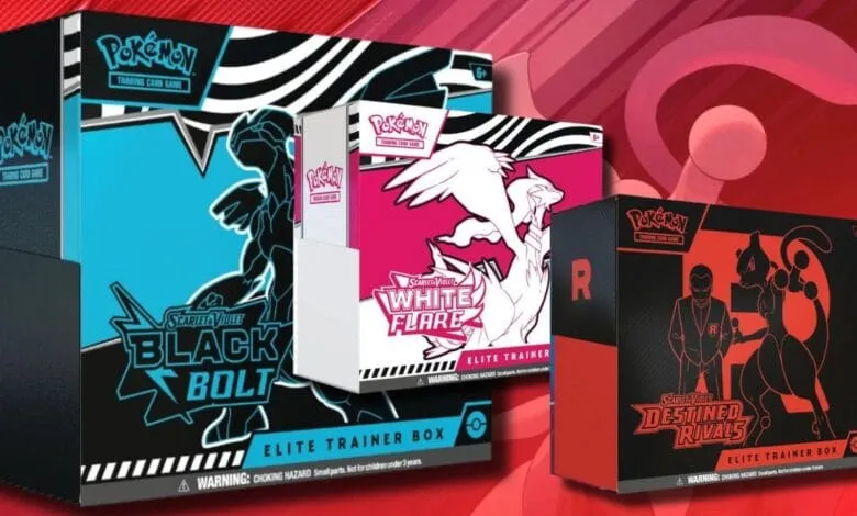 Three Pokémon TCG Elite Trainer Boxes: Black Bolt (blue, dark Pokémon), White Flare (pink, white Pokémon), Destined Rivals (red, trainer & Mewtwo).