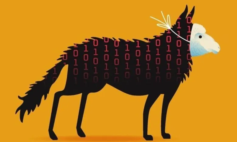 Wolf in sheep's clothing digital illustration. A black wolf silhouette with binary code, wearing a sheep mask.