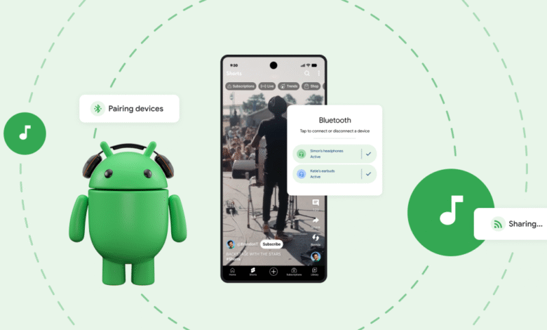 Android mascot wearing headphones, connected to a phone showing a Bluetooth pairing screen and music sharing options.
