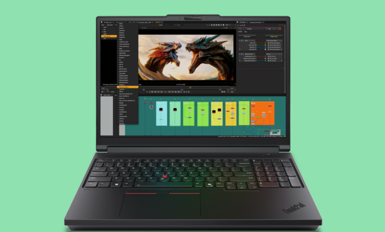 Lenovo ThinkPad laptop displaying video editing software with a fantasy scene of two dragons.