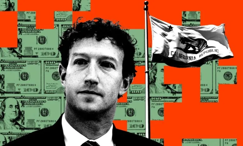 Mark Zuckerberg's portrait, overlaid with US dollar bills and a California flag, symbolizes wealth and political influence.