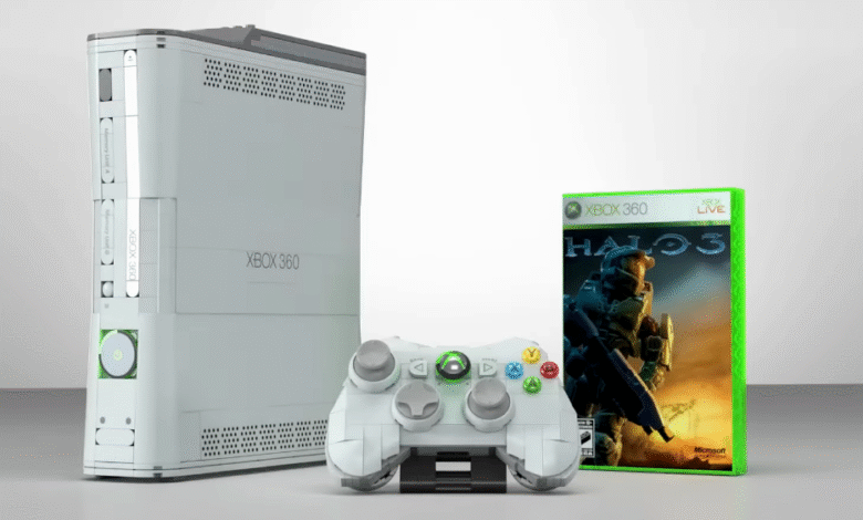 White Xbox 360 console, controller, and Halo 3 game case.