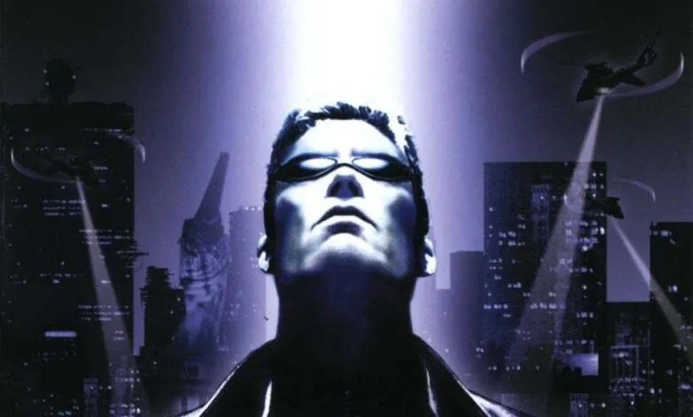 Close-up of a man's face with futuristic goggles, looking upwards against a dark, futuristic city skyline.