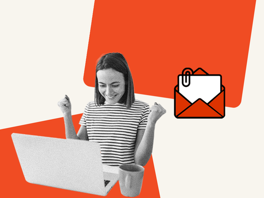 Woman celebrating success while looking at her laptop, with an email icon.