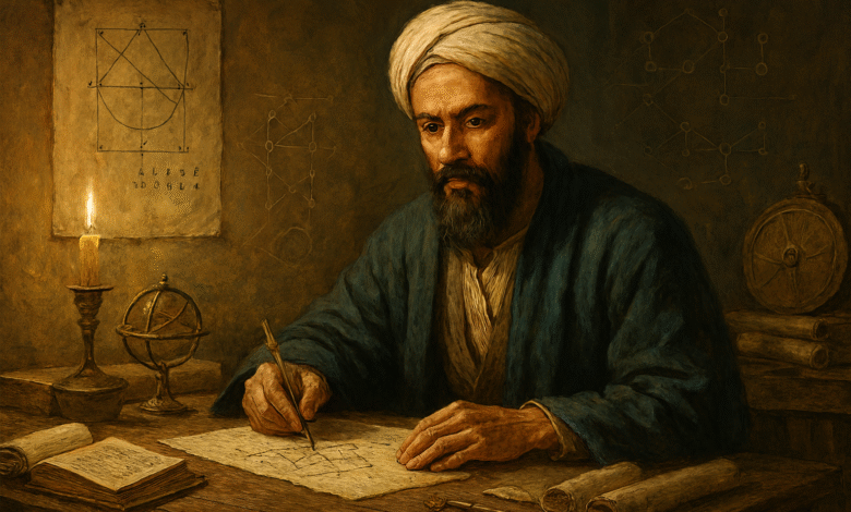Al-Khawarizmi, a scholar, works on mathematical diagrams by candlelight.