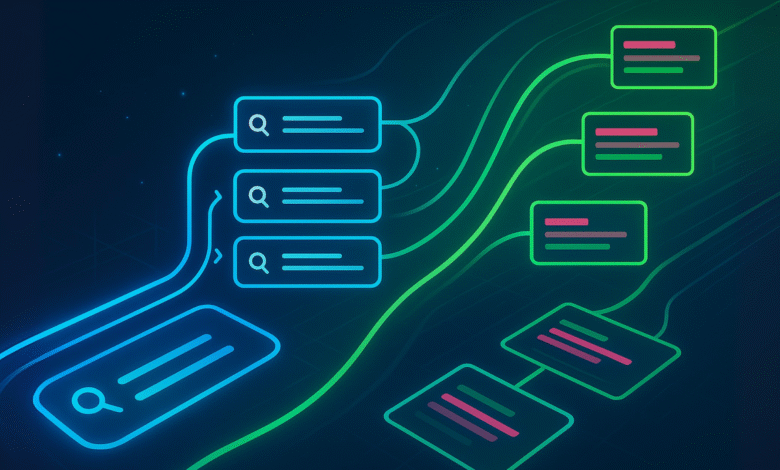 Abstract graphic showing data connections; blue and green glowing lines link rectangular data blocks with search icons.