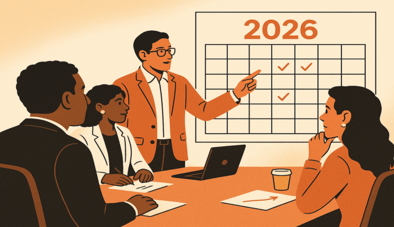 Diverse business team reviewing 2026 goals on a calendar.