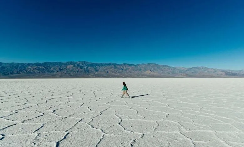 Person walking across vast, cracked salt flats under a clear blue sky with mountains in the distance.