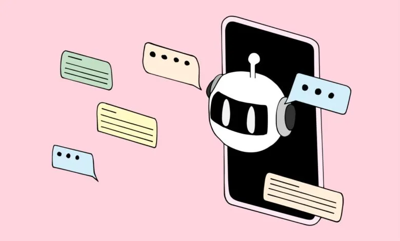 Friendly robot chatbot on a smartphone screen, surrounded by pastel-colored message bubbles.