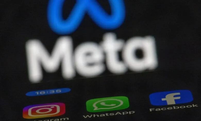 Meta logo and app icons for Instagram, WhatsApp, and Facebook on a dark screen.