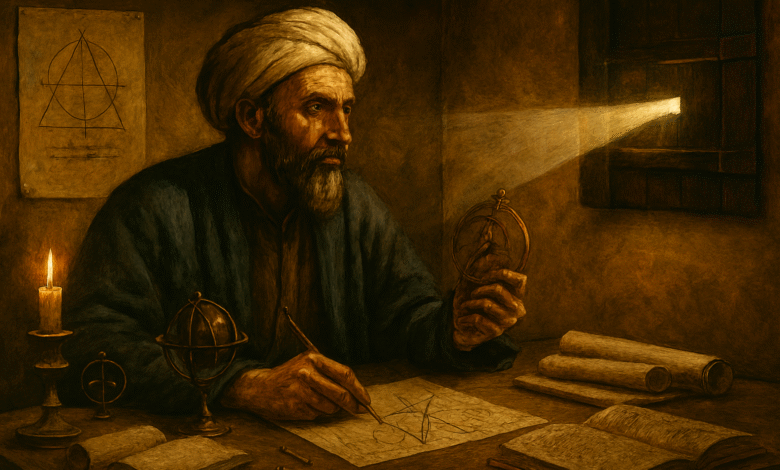 Painting of Ibn al-Haytham, a renowned Arab scholar, at his desk, studying geometric shapes with instruments.