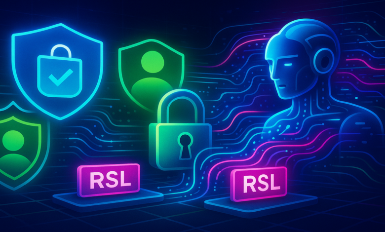 AI-powered security system with RSL logo, showcasing user data protection with shields and locks.