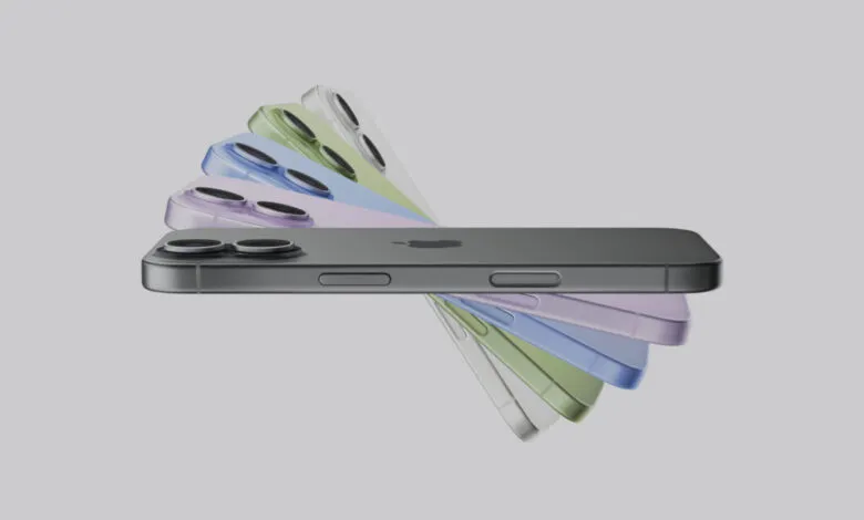 iPhone showcasing various colors: dark gray, lavender, light blue, olive green, and silver. A stylish product shot.