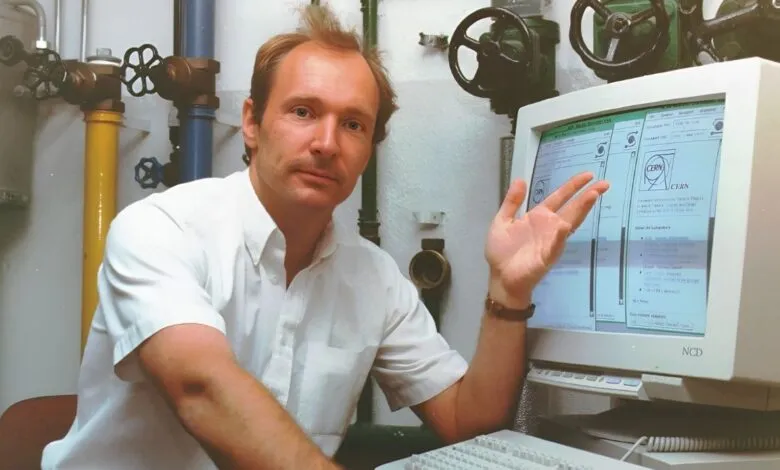Tim Berners-Lee, inventor of the World Wide Web, sits at a computer displaying an early web page.
