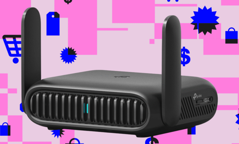 TP-Link Archer AX21 Wi-Fi 6 router shown against a pink and blue background with shopping icons.