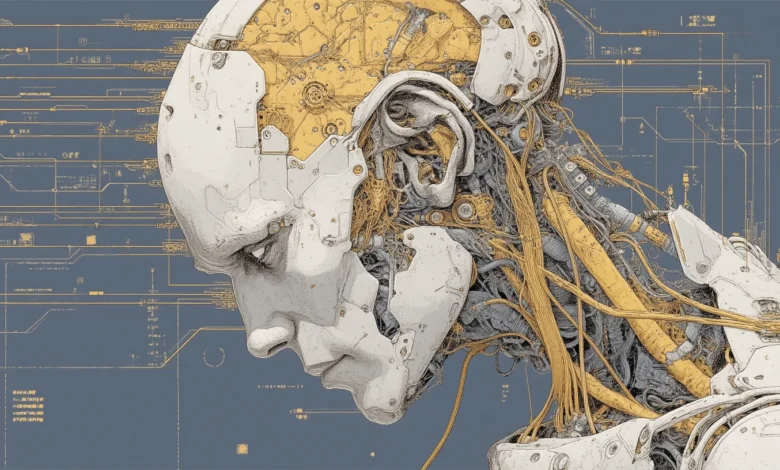 Detailed illustration of a robot's head and upper torso, revealing intricate internal mechanics in gold and white against a gray circuit background.