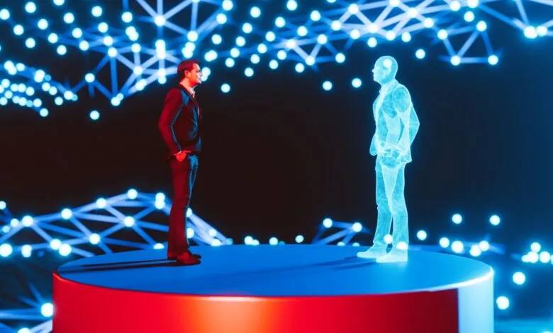 A businessman faces his digital twin, a glowing wireframe figure, on a platform against a backdrop of a blue network.