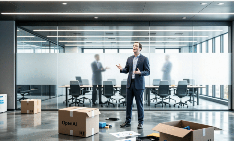Businessman in modern office, boxes labeled 'OpenAI' and 'Undozer' scattered around, suggesting a move or transition.