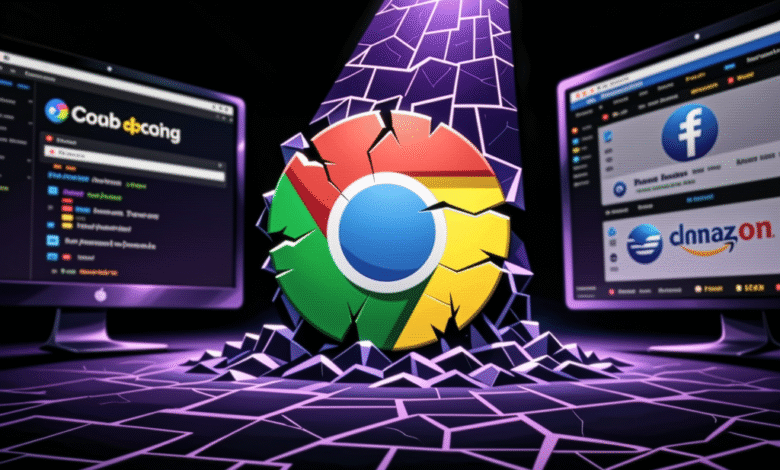 Cracked Chrome logo between computer screens displaying Facebook and Amazon, symbolizing browser vulnerability.