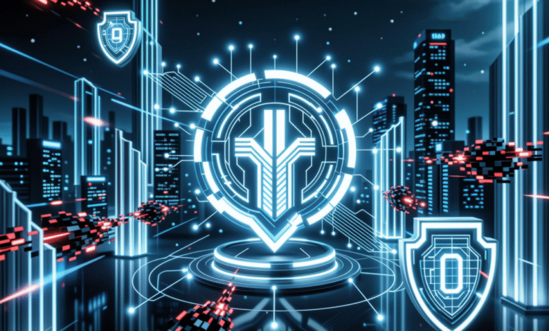 Cybersecurity logo displayed on a futuristic cityscape backdrop with glowing shields, symbolizing digital protection.