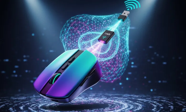 Wireless computer mouse with USB receiver and digital connection effect.