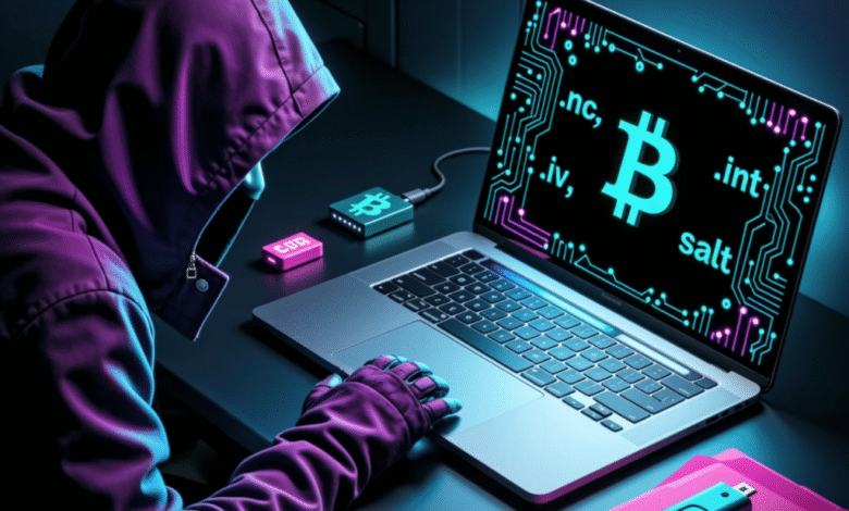 Hooded figure using laptop displaying Bitcoin symbol; cybersecurity or cryptocurrency concept.