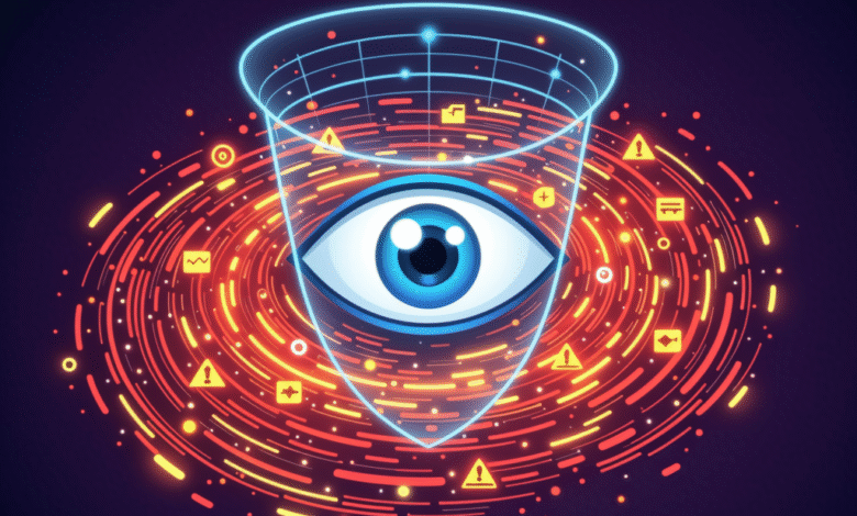 A stylized eye surrounded by swirling data streams and warning symbols, encased in a glowing geometric structure.