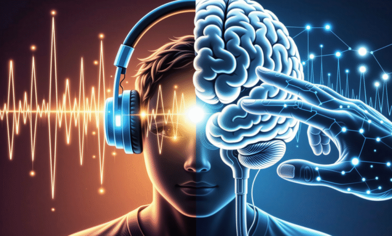 Abstract illustration of a person's head split, showing a brain with a hand interacting with neural pathways and headphones with sound waves.