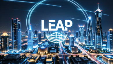LEAP logo over a futuristic cityscape at night, glowing blue lines and city lights.