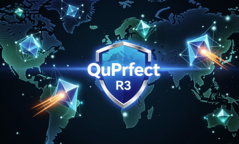 QuPrfect R3 logo on a world map with glowing cryptocurrency symbols, representing global blockchain security.