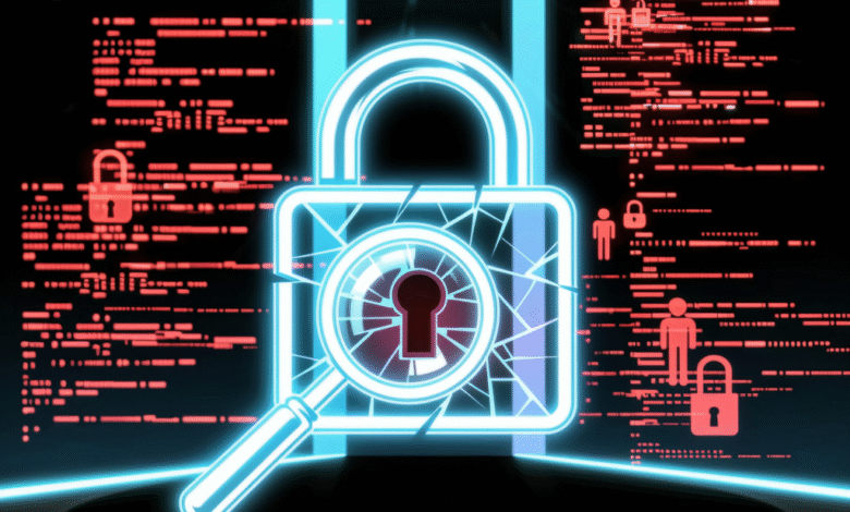 Cracked padlock with magnifying glass over keyhole, surrounded by digital code and user icons.