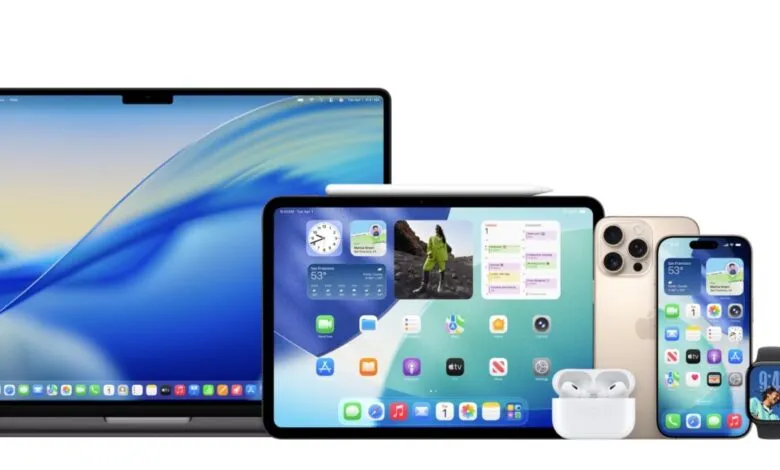 A collection of Apple devices including a MacBook, iPad, iPhone, Apple Watch, and AirPods.