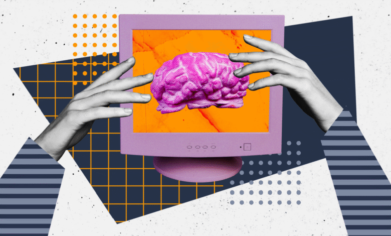Abstract collage of hands seemingly holding a brain on a vintage computer screen, set against a geometric background.