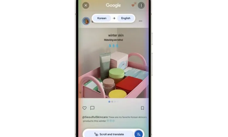 Smartphone displaying Korean skincare products on a pink cart; Google Translate interface shows Korean to English translation.