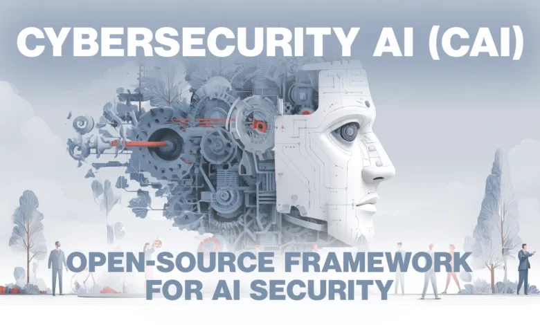 AI-powered cybersecurity framework. A robotic head merges with gears, symbolizing AI integration in security.