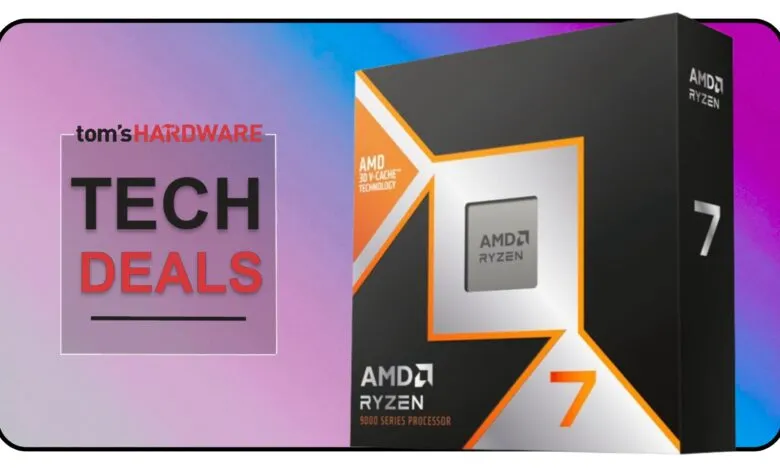 AMD Ryzen 7 9000 Series processor box shown in a Tom's Hardware tech deals graphic.