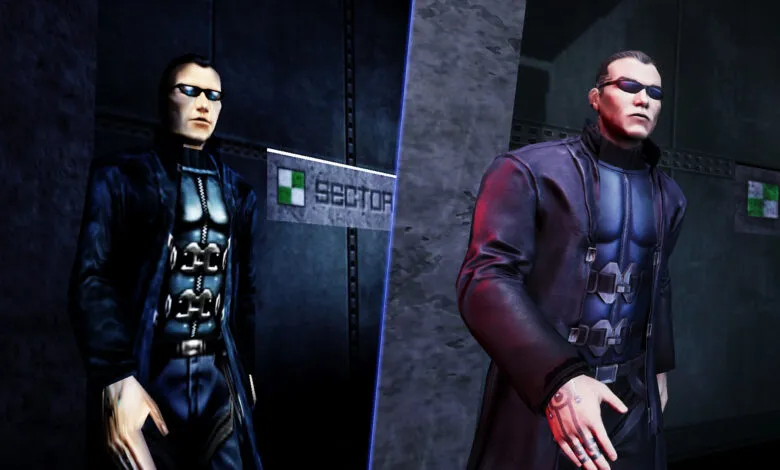 Split image showing a character model comparison from Deus Ex, original vs. remastered.