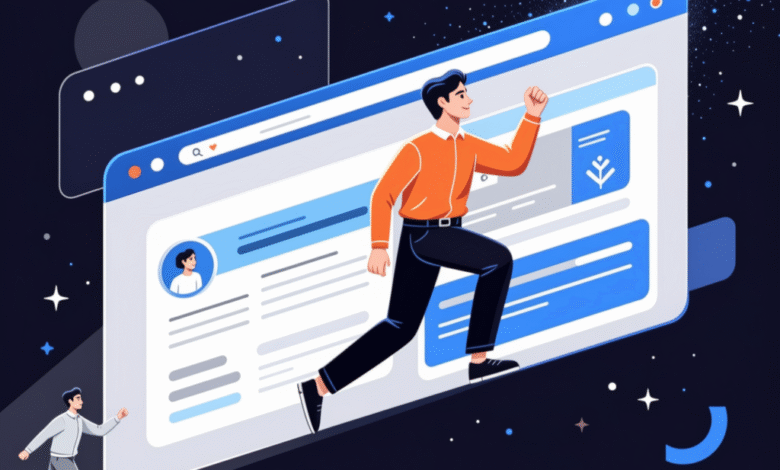 Illustration: Man running towards a large website profile, symbolizing online career growth.