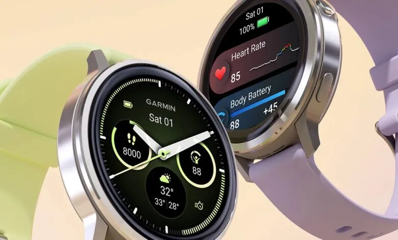 Two Garmin Venu 4 smartwatches, one with a light green band and the other with a lavender band, showcasing their features and displays.