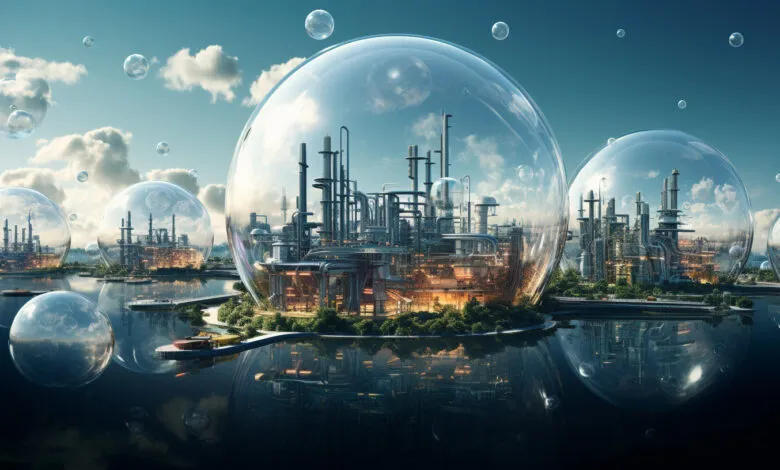 Futuristic industrial cityscapes encased in giant transparent bubbles floating on water.