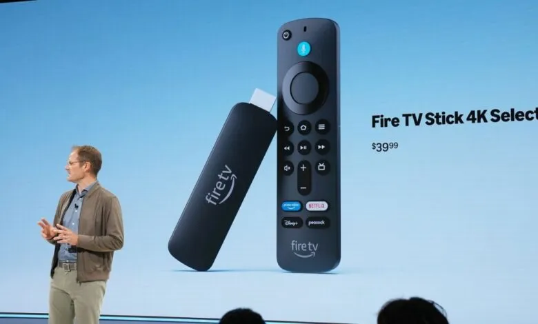 Man presenting Amazon Fire TV Stick 4K Select with remote on screen