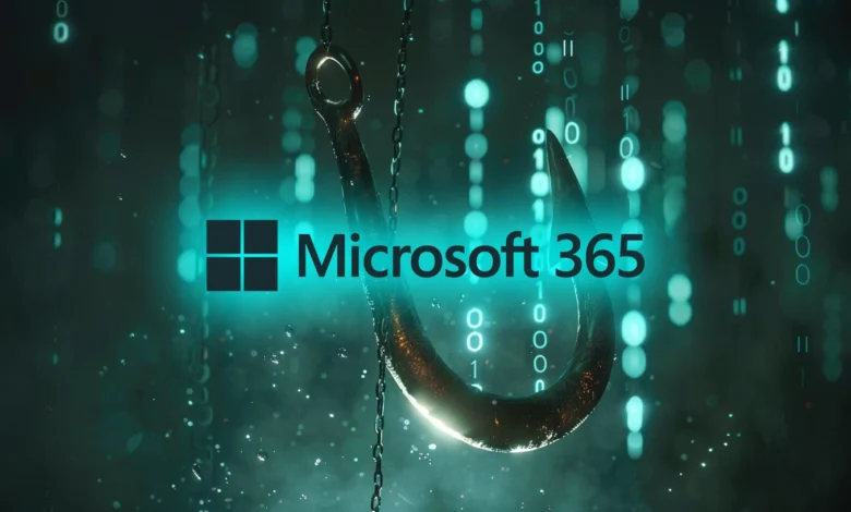 Microsoft 365 logo on a fishing hook, symbolizing phishing scams.