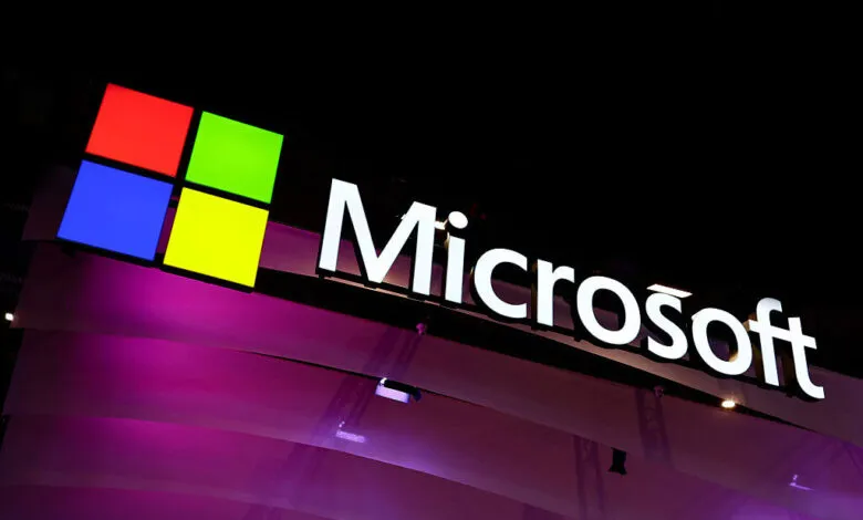 Microsoft logo illuminated at Mobile World Congress Barcelona 2025.