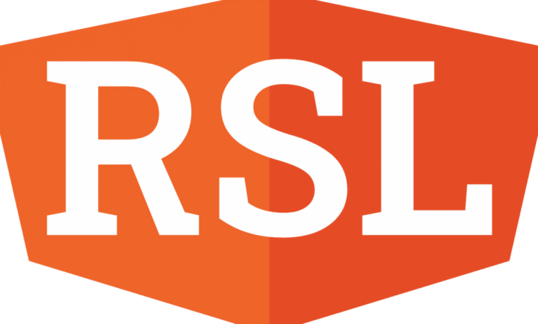 RSL logo: White letters RSL on an orange, pentagon-shaped background.