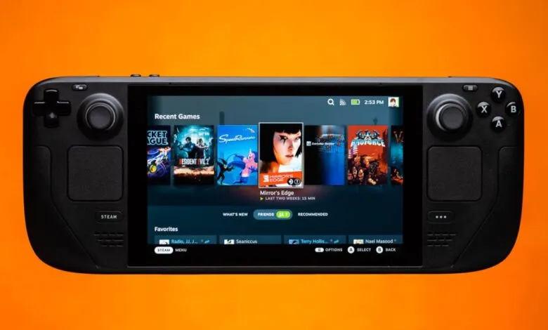 Steam Deck handheld gaming device displaying recently played games, including Resident Evil 2 and Mirror's Edge, against a vibrant orange background.